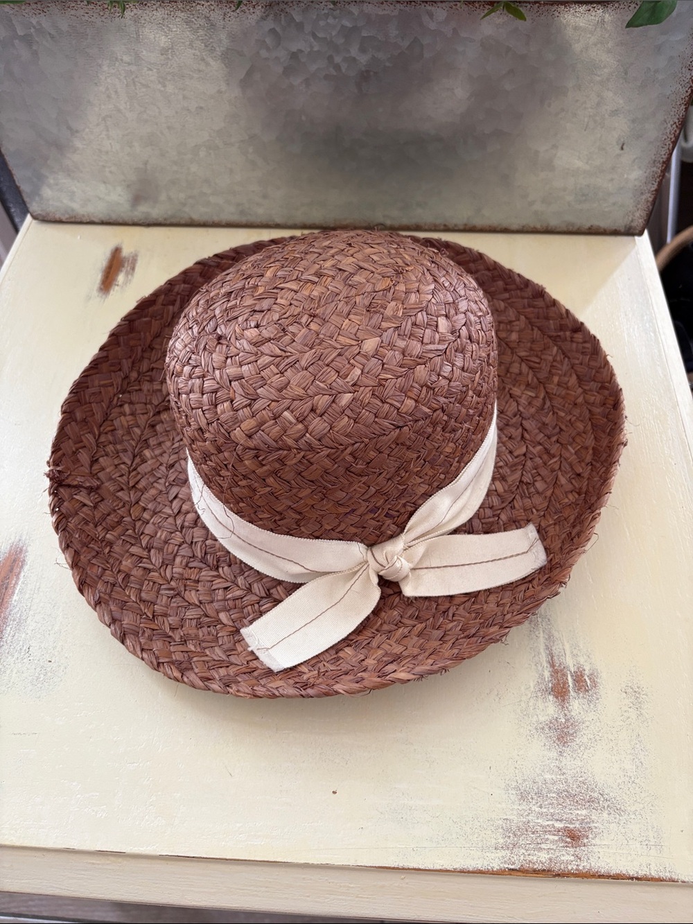 Kathy Jeanne vintage Brown woven Straw Sun Hat Cream Bow Womens farmhouse boho
